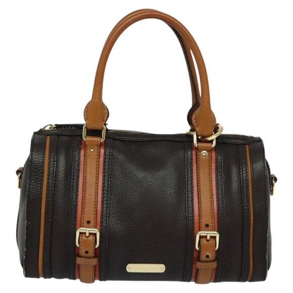 BURBERRY Hand Bag Leather 2way Dark Brown Gold Auth 114741 - Picture 2 of 16